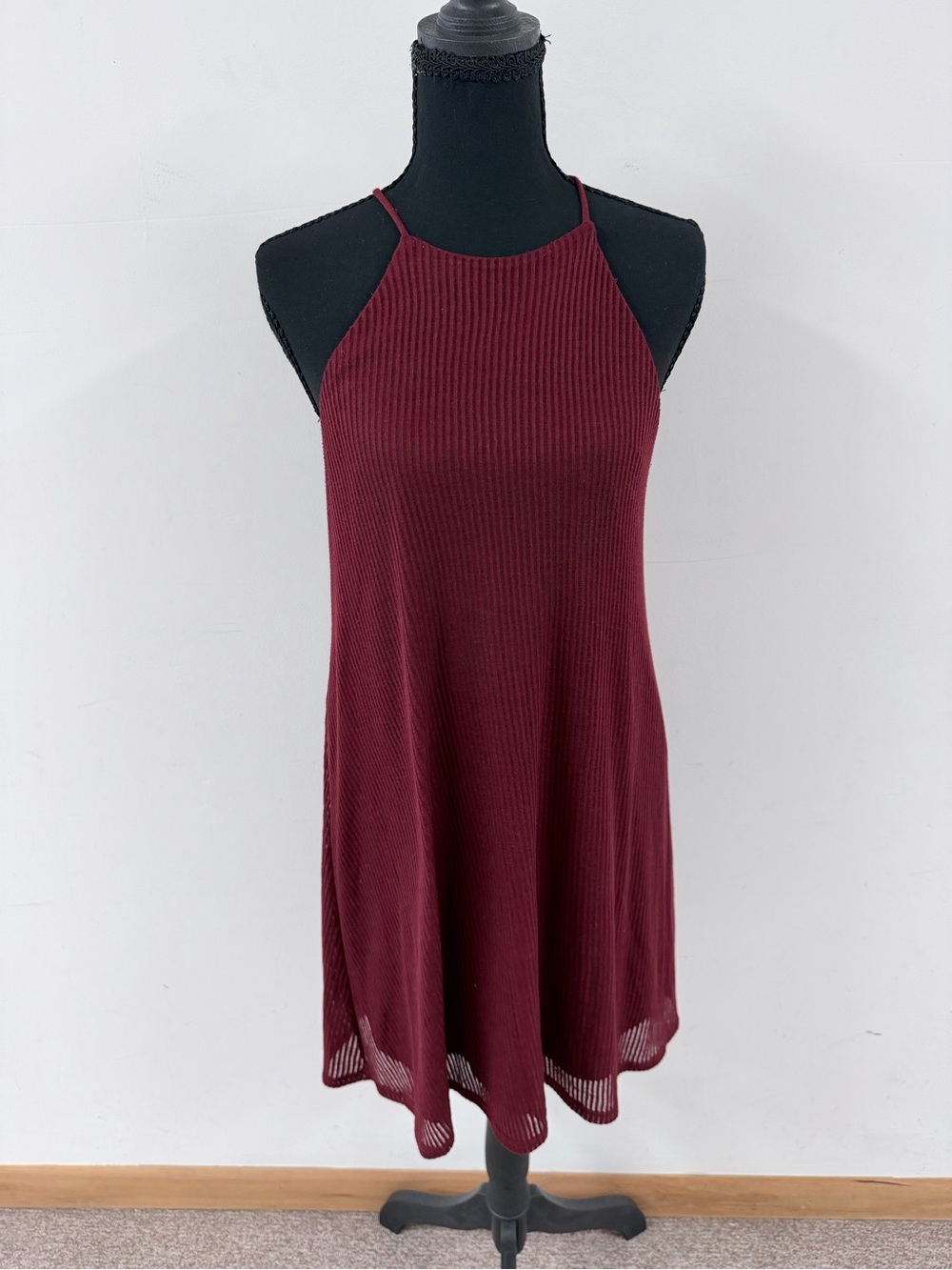 Garage Burgundy Ribbed Mini Dress with Halter Straps